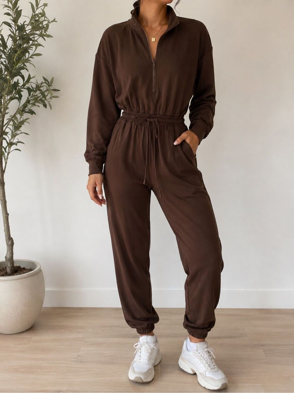 Francesca’s Small Brown Half Zip Jumpsuit Jogger Lounge Utility Romper